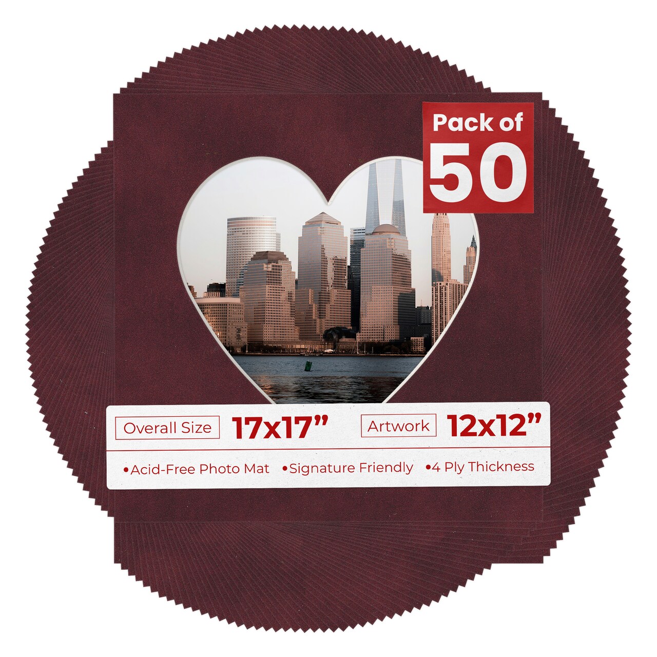 Dark Red Suede Mat Board for 17x17 Frames - Heart Opening for 12x12 Photos